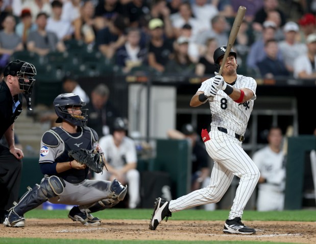 Chicago White Sox second baseman Nicky Lopez (8) reacts as he strikes out in the fifth inning of a game against the Houston Astros at Guaranteed Rate Field in Chicago on June 19, 2024. (Chris Sweda/Chicago Tribune)