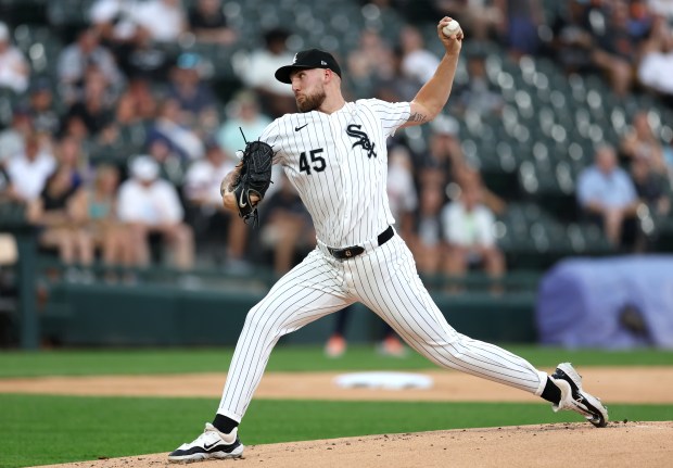 Chicago White Sox starting pitcher Garrett Crochet delivers to the Houston Astros in the first inning of a game at Guaranteed Rate Field in Chicago on June 19, 2024. (Chris Sweda/Chicago Tribune)