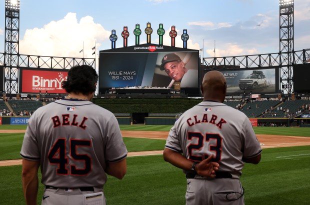 An image of Giants great Willie Mays is cast on the big screen at Guaranteed Rate Field in Chicago as Mays is remembered with a moment of silence before a game between the Chicago White Sox and the Houston Astros on June 19, 2024. (Chris Sweda/Chicago Tribune)