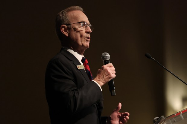 Illinois GOP Chairman Don Tracy speaks at the Bank Your Vote Gala at the Westin hotel, Feb. 9, 2024, in Rosemont. (John J. Kim/Chicago Tribune)