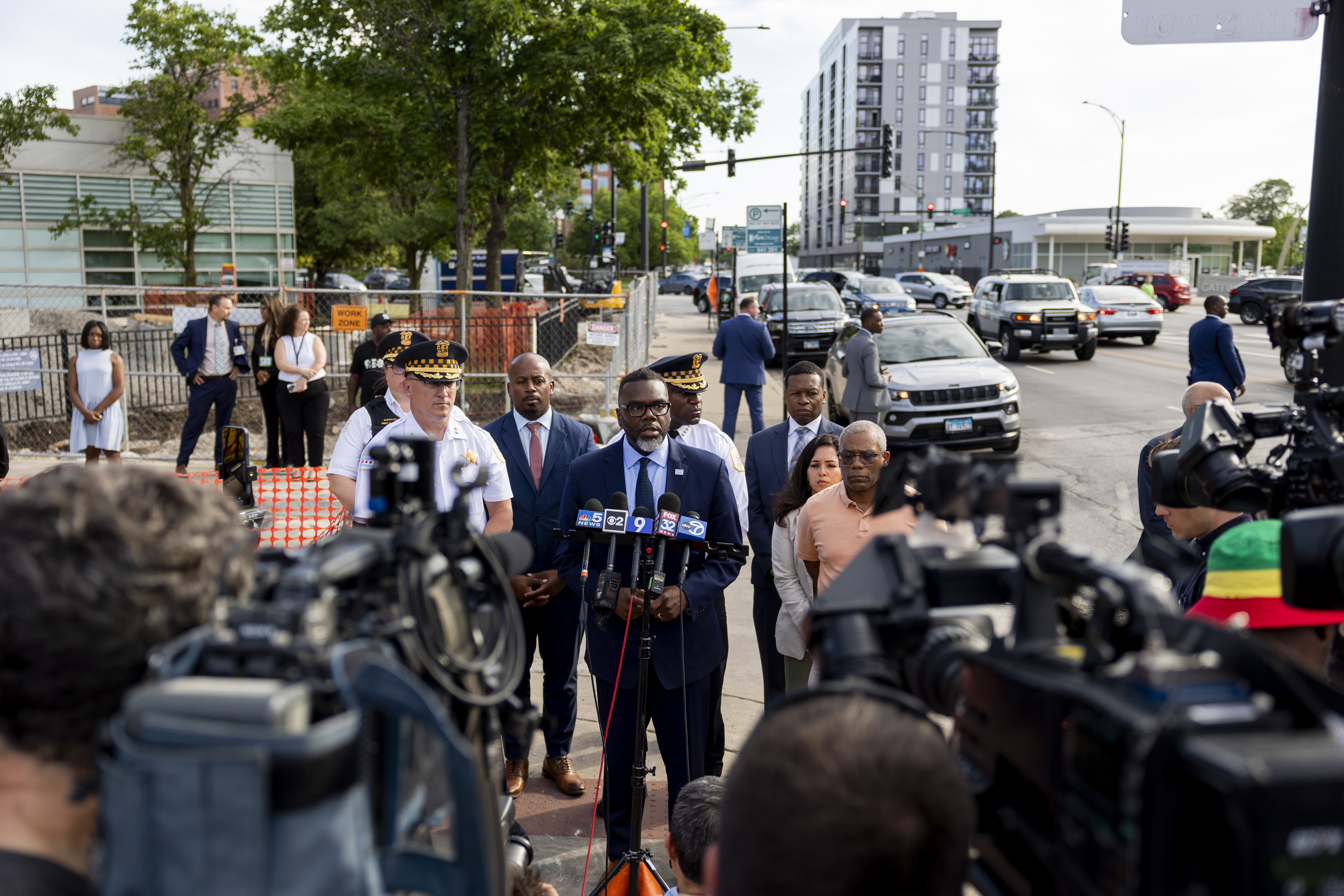 Mayor Brandon Johnson speaks to members of the press on...