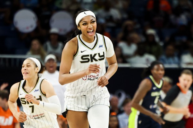 Chicago Sky forward Angel Reese (5) celebrates after stealing the ball and scoring during the game against the Dallas Wings at Wintrust Arena on June 20, 2024. (Eileen T. Meslar/Chicago Tribune)