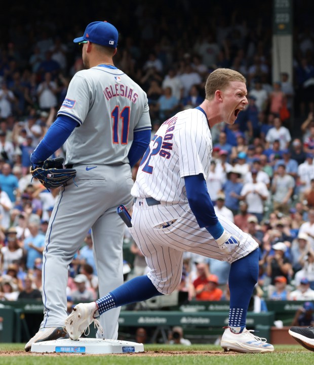 Cubs centerfielder Pete Crow-Armstrong yells in celebration after hitting an RBI triple in the first inning against the Mets at Wrigley Field on June 22, 2024, in Chicago. (John J. Kim/Chicago Tribune)