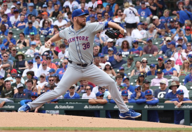 Mets starting pitcher Tylor Megill throws against the Cubs in the first inning at Wrigley Field on June 22, 2024, in Chicago. (John J. Kim/Chicago Tribune)