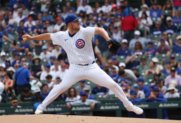 Cubs starting pitcher Jameson Taillon throws against the Mets in the first inning at Wrigley Field on June 22, 2024, in Chicago. (John J. Kim/Chicago Tribune)