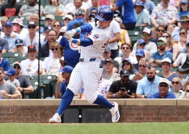 Cubs centerfielder Pete Crow-Armstrong connects for an RBI triple in the first inning against the Mets at Wrigley Field on June 22, 2024, in Chicago. (John J. Kim/Chicago Tribune)