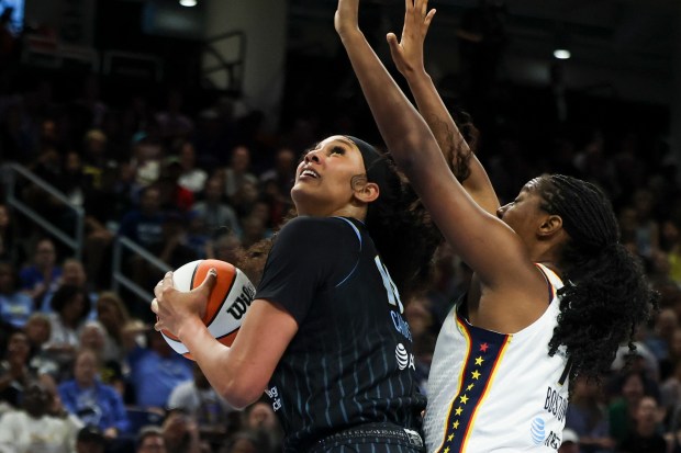 Chicago Sky center Kamilla Cardoso (10) tries to score while guarded by Indiana Fever forward Aliyah Boston (7) during the game at Wintrust Arena on June 23, 2024. (Eileen T. Meslar/Chicago Tribune)