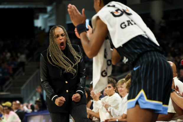 Chicago Sky Head Coach Teresa Weatherspoon celebrates after Chicago Sky guard Diamond DeShields (0) scored a three-pointer during the game against the Indiana Fever at Wintrust Arena on June 23, 2024. (Eileen T. Meslar/Chicago Tribune)