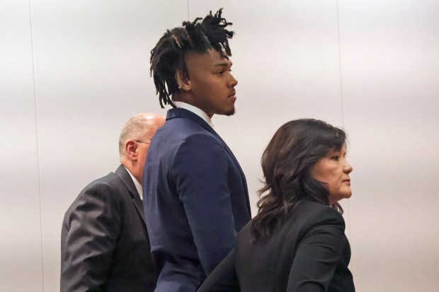 University of Illinois basketball standout Terrence Shannon Jr. appears in court May 10, 2024, in Lawrence, Kansas. A judge ordered him to stand trial on a rape charge. Shannon, 23, of Champaign, is accused of committing sexual assault on Sept. 9 in Lawrence. (Chris Conde/The Lawrence Journal-World)