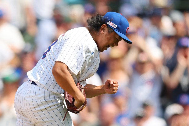 Cubs starter Shota Imanaga celebrates after striking out Cardinals left fielder Brendan Donovan to end the seventh inning on June 15, 2024, at Wrigley Field. (Michael Reaves/Getty)