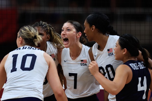 Lauren Carlini (C) of the United States celebrates a point with her teammates during Pool 2 match between China and United States as part of the Women's Volleyball Nations League 2024 on May 16, 2024 in Rio de Janeiro, Brazil. (Photo by Buda Mendes/Getty Images)