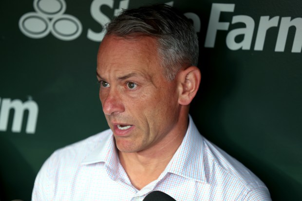 Cubs president of baseball operations Jed Hoyer talks with the media before a game against the White Sox at Wrigley Field on June 4, 2024. (Chris Sweda/Chicago Tribune)