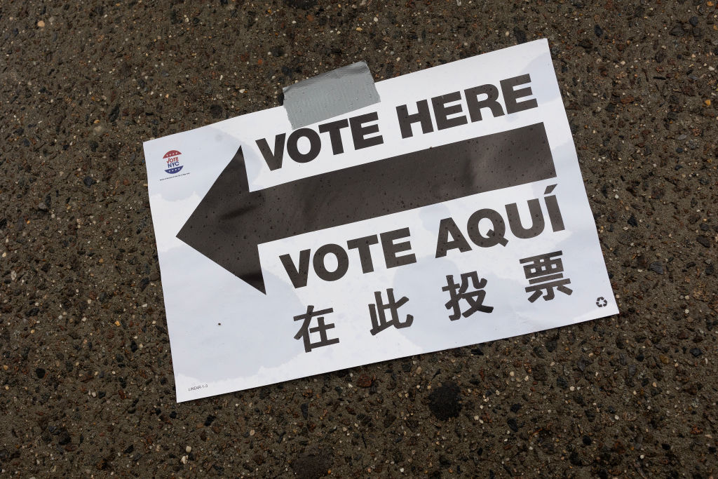 A flyer advertising a nearby polling site in Brooklyn on April 2, 2024, the day of the presidential primary.