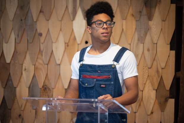 Next Urban Ag Generation graduate Aiden Jensen speaks during a graduation ceremony for the program in Gary on Saturday, June 1, 2024. (Kyle Telechan/for the Post-Tribune)