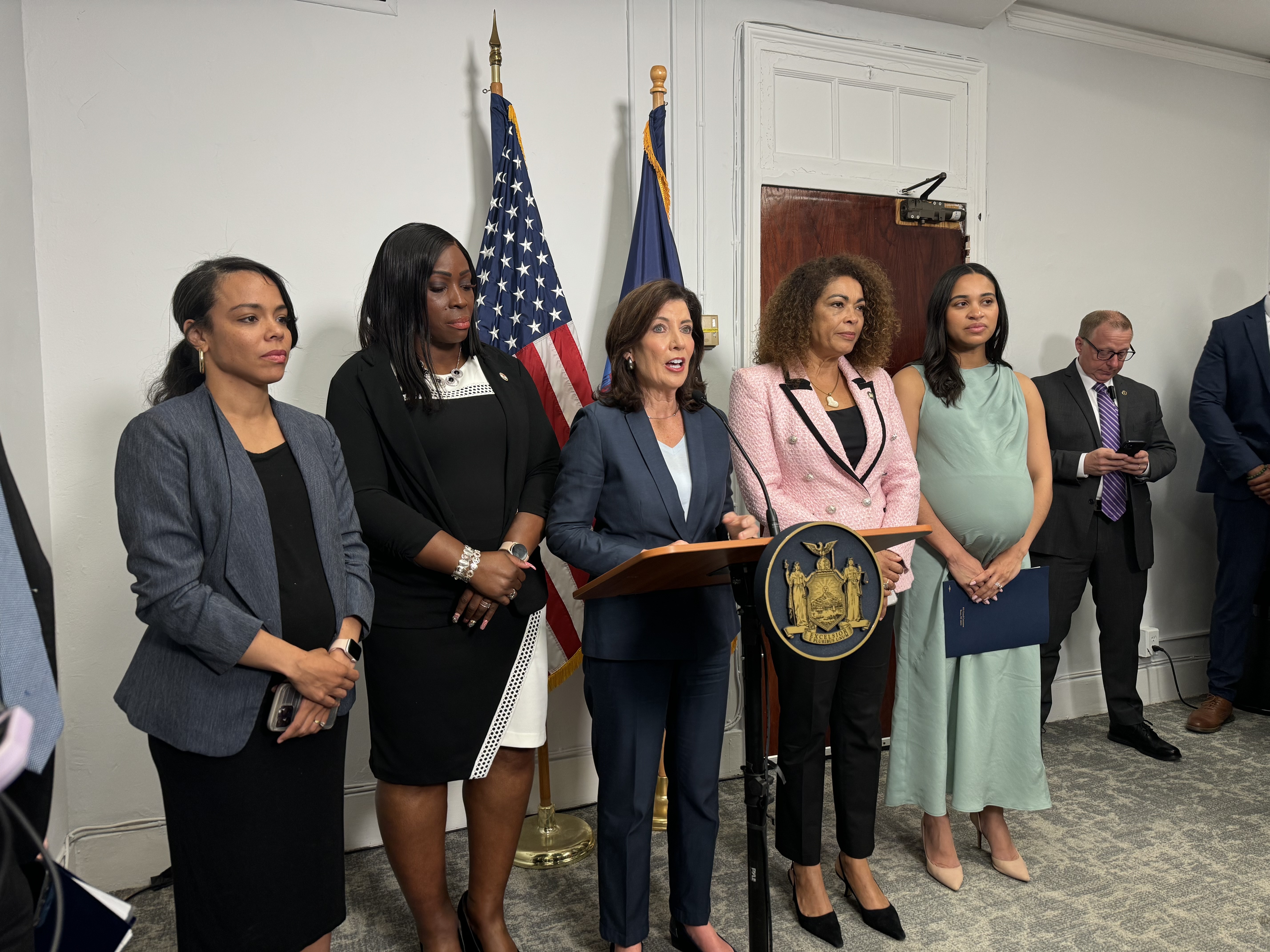 Gov. Kathy Hochul speaks at a press conference in the Bronx about maternal health initiatives on June 10, 2024.