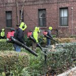 Group of gardeners using leaf blowers, Queens, New York Group of gardeners using leaf blowers, Queens, New York.