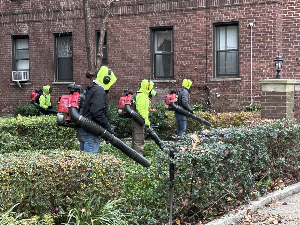 Group of gardeners using leaf blowers, Queens, New York Group of gardeners using leaf blowers, Queens, New York.