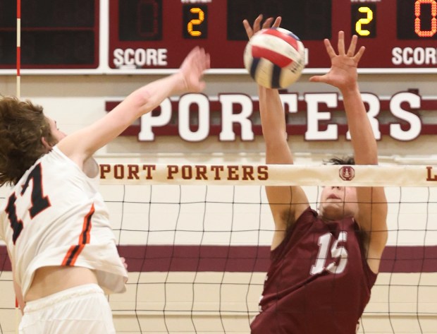 Lockport's Evan Dziadkowiec (15) blocks a shot by Lincoln-Way West's Connor Jaral (17) during the Southwest Suburban Conference Championship game on Thursday, May 9, 2024. (John Smierciak for the Daily Southtown)