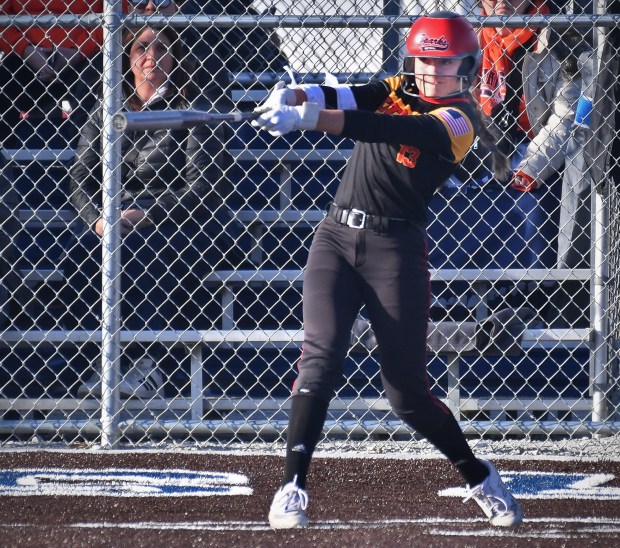 Tinley Park's Megan Piotrowski belts a home run during a game against Stagg Tuesday, March 19, 2024, in Palos Hills.(Jon Cunningham/for the Daily Southtown)