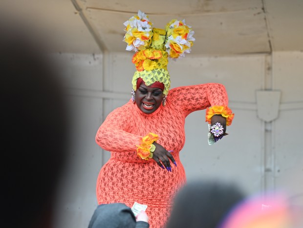 Gina D'Licious from Milwaukee, Wisconsin and originally from Rockford performs during the drag show at Lake County PrideFest 2024 in Round Lake Beach at the Round Lake Beach Cultural & Civic Center on June 8, 2024. (Karie Angell Luc/Lake County News-Sun)