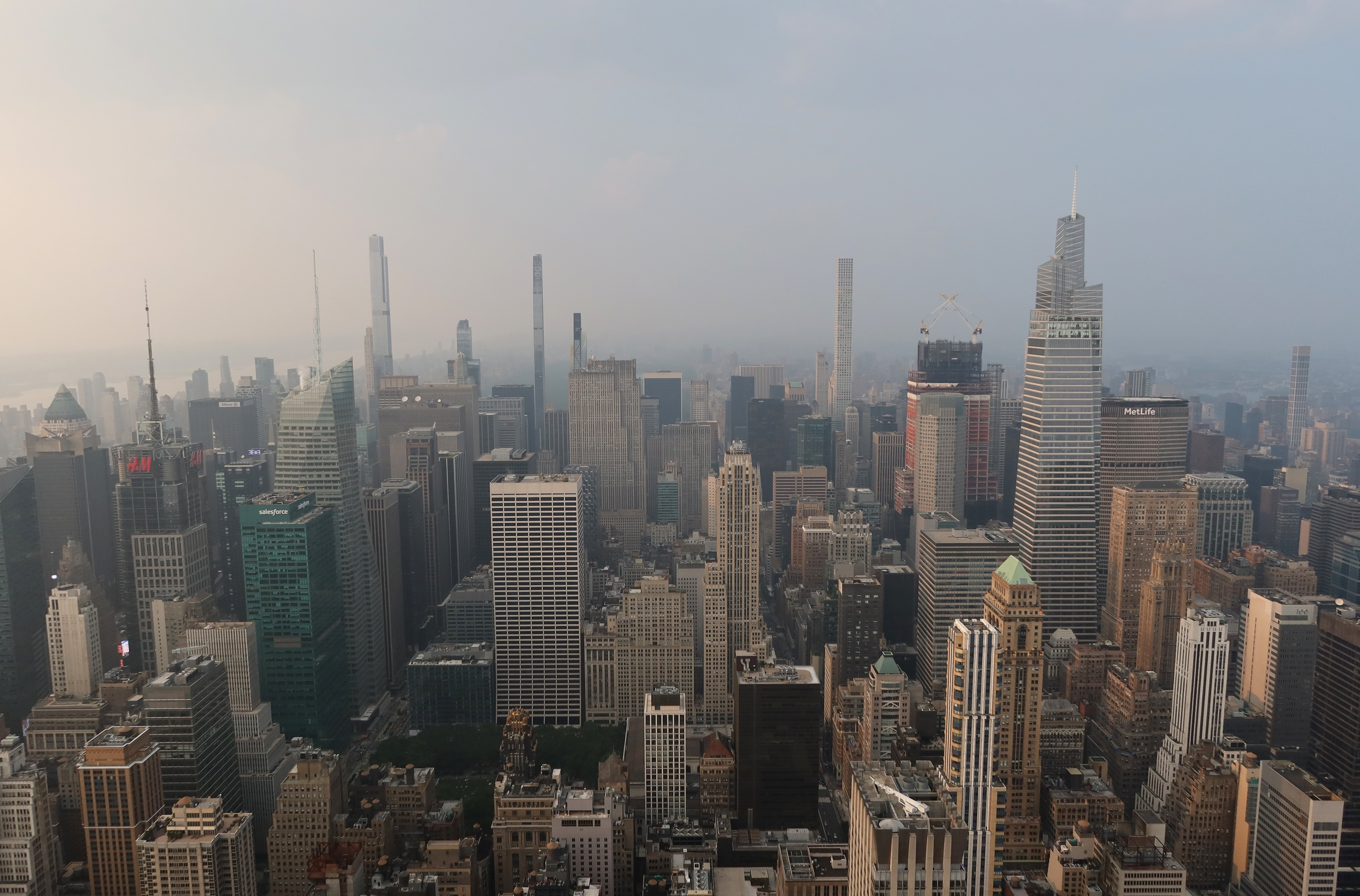 A hazy New York City skyline.