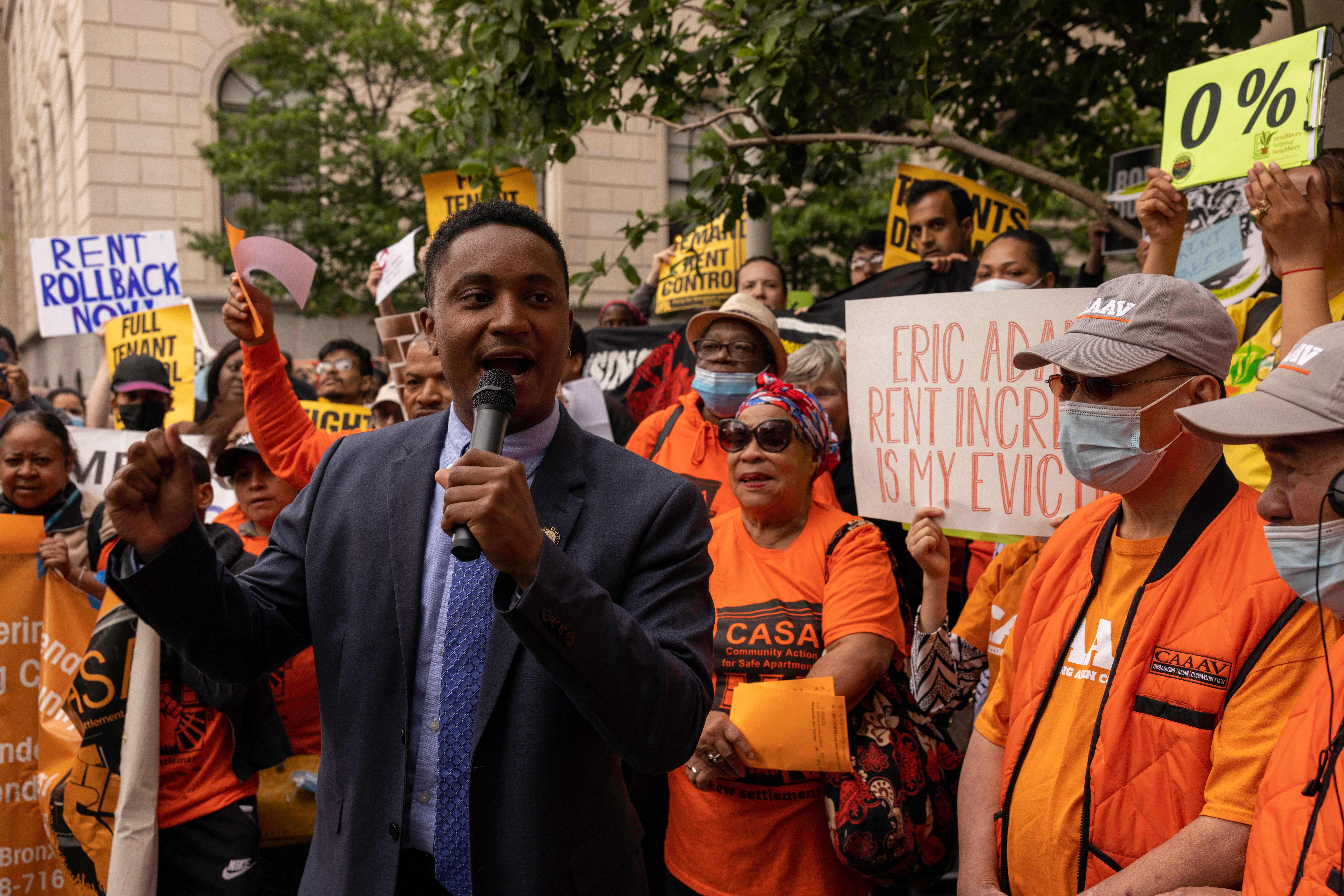 City Councilmember Chi Ossé addresses tenants and housing activists during a protest at Hunter College where a vote took place to raise rent for roughly 2 million New Yorkers in New Yorkon June 21, 2023.