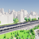 A 3-D rendering of a highway near a skyline.