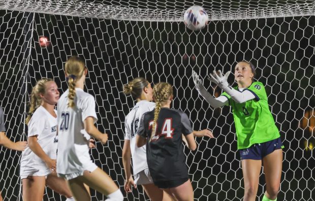 New Trier's Annie Fowler (0) makes a save during the Class 4A state semifinal game against Edwardsville in Naperville on Friday, May 31, 2024. (Troy Stolt/for the Pioneer Press)