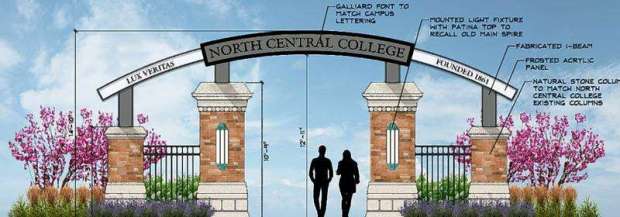 In 2022, North Central College released this rendering of what its gateway entrance from Washington Street could look like if built as part of a small park in downtown Naperville. (Gary R. Weber Associates)