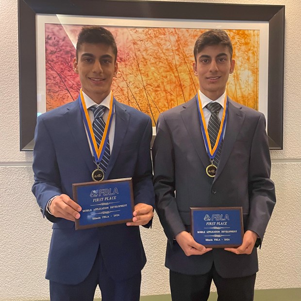 Lemont High School juniors Aditya Oberai and Vikram Oberai teamed to win Mobile Application Development at the 2024 FBLA State Leadership Conference in Springfield. (Lemont High School)