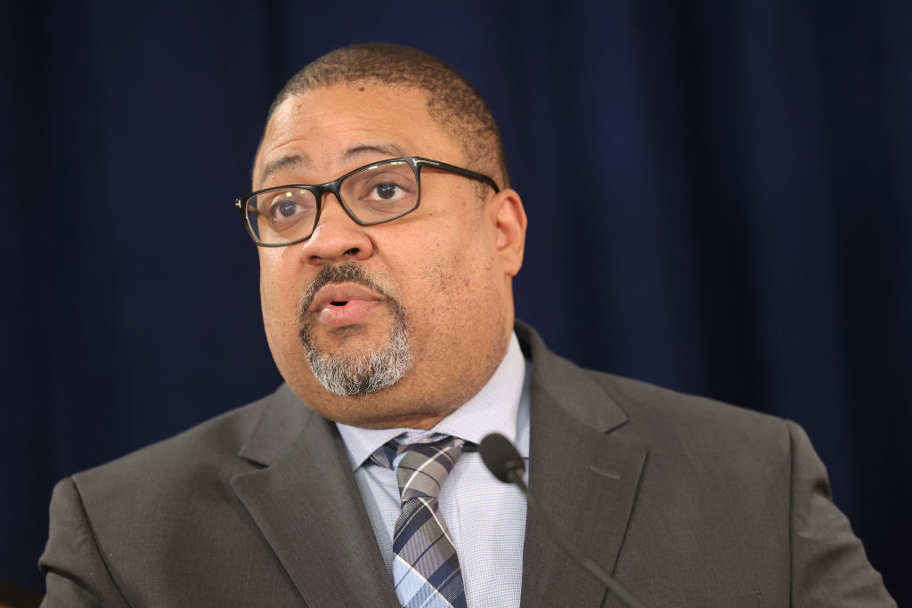 Manhattan District Attorney Alvin Bragg speaks at a press conference at the Louis J. Lefkowitz State Office Building in Manhattan on March 21, 2024.