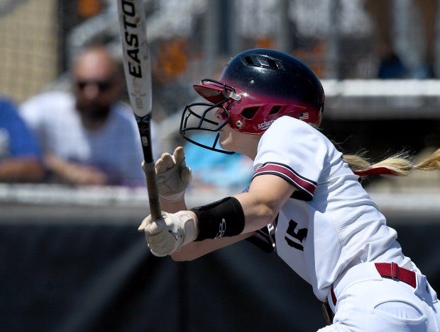 Antioch's Tegan Schuler (15) hits a triple. Antioch defeated Waterloo 2-0 in the Class 3A state semifinals at Louisville Slugger Sports Complex in Peoria, Friday, June7, 2024. (Rob Dicker / News Sun).