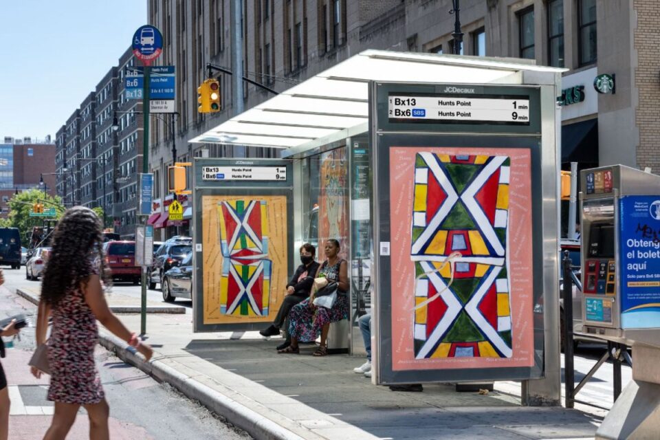 Rendering of a New York City bus shelter with a real-time bus arrival display